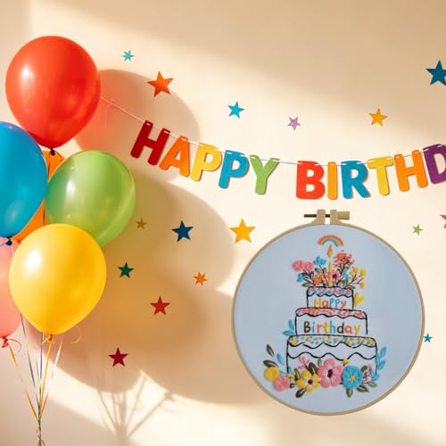 Esffaci Embroidery Starter Kit for Adult Beginner with Birthday Cake Candle Flower Pattern Hand Embroidery Set with Cloth Hoop Needle Threader Floss and Instruction - color: Birthday Cake