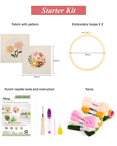Pllieay 2 Set Punch Needle Embroidery Starter Kits Include Instructions, Punch Needle Fabric with Pattern, Yarns, Embroidery Hoops for Rug-Punch & Pinch Needle - size: 2 Style