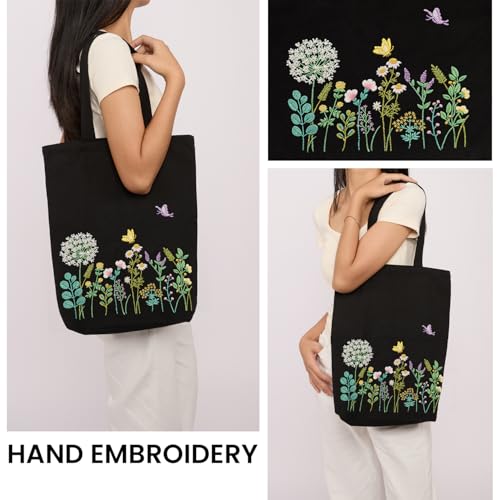 CREAWONDER Canvas Tote Bag Embroidery Kit with Pattern for Beginners, Arts and DIY Embroidery Crafts Kits for Adults, Include Instructions, Embroidery Hoops, Color Threads and Tool - color: CR002 banmeng black