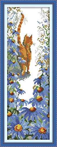 CaptainCrafts Cross Stitch Kits, New Stamped Kit Printed 11CT Fabric Cross Stitching DIY Art DMC Needlecrafts Embroidery Kit for Adults Beginner (Stamped, Flowers and Yellow Cat) - color: Flowers and Yellow Cat, style: Stamped