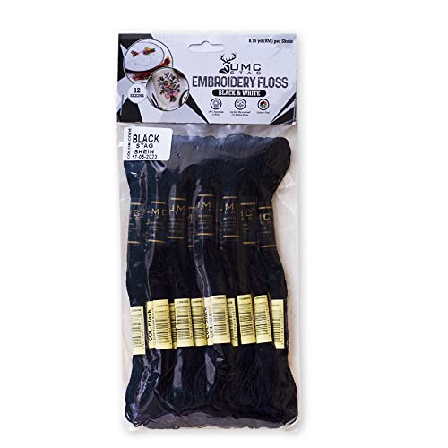 Pack of 12 Black Premium Embroidery Thread | 100% Egyptian Cotton Premium Skeins | Cross Stitch Embroidery Floss | Oeko TEX Certified Stranded Cotton | Ideal for Arts & Crafts (Black-12) - color: Black-12