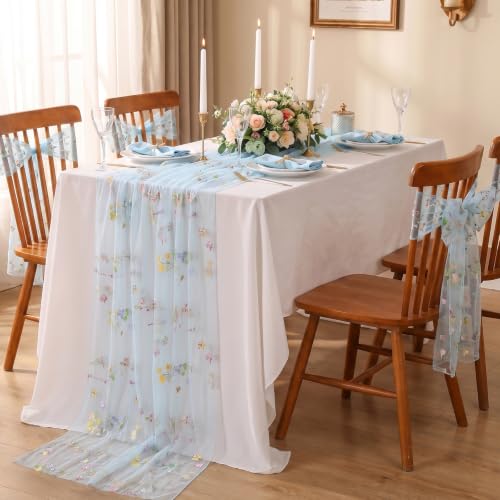 Flower Tulle Table Runner Gauze Centerpieces 10ft Embroidery Spring Lace - color: Baby Blue, size: 27"x120",3pcs