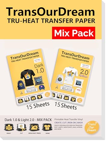 TransOurDream Iron on Heat Transfer Paper for Dark and Light Fabrics (15+15 Sheets, 8.5x11", Mix Pack) Iron on Transfers for T Shirts Printable HTV Heat Transfer Vinyl for Inkjet Printers - color: Mix-D1L2, size: 30 Sheets