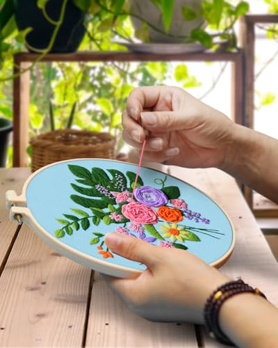 TINDTOP 4 Sets Embroidery Kit for Adults, Floral Embroidery Practice Kit for Beginners Include Embroidery Cloth Hoops Threads for Craft Lover Hand Stitch with Embroidery Skill Techniques - color: Flowers