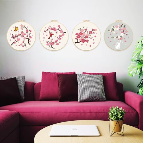 FREEBLOSS 5 Set 8'' Cherry Blossom Embroidery Kit Cross Stitch Kit with Stamped Cherry Pattern Cherry Embroidery Kit for Beginners Instructions Included Embroidery Starter Kit for Adults