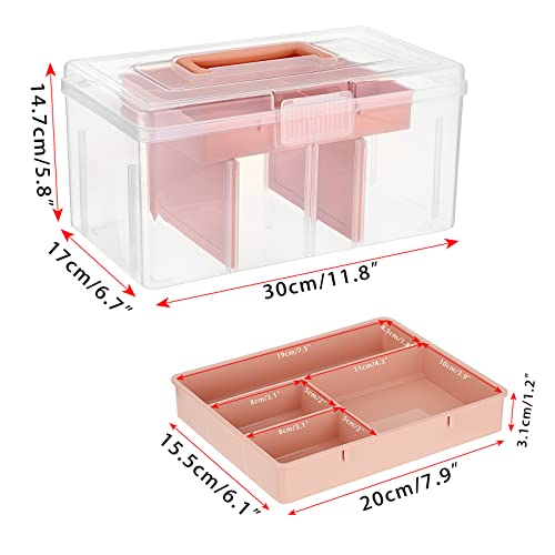 BTSKY 2 Layer Clear Plastic Dividing Storage Box with Removable Tray Multipurpose Stationery Storage Box with Handle Portable Sewing Boxes Art Craft Supply Organizer Home Utility Box(Big Pink) - color: Big Pink