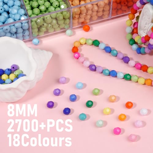 2600+pcs Faceted Beads Kit 18 Color Rainbow Opaque Plastic Beads Multicolor Loose Spacer Pony Beads Bulk Elastic String for Bracelets Necklaces Key Chains DIY Craft Jewelry Making - color: Faceted Beads