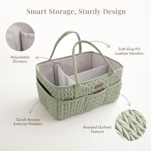Konssy Baby Diaper Caddy Organizer, Braided Quilted Design with PU Handles - color: Fog Green