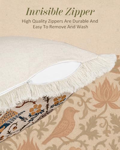 Decorative Throw Pillow Cover 18x18 - Vintage Pillowcovers with Fringe Bird Flower Cute Embroidered Pillow Case with Zipper for Living Room Couch Sofa Bed Rustic Boho Design Abstract