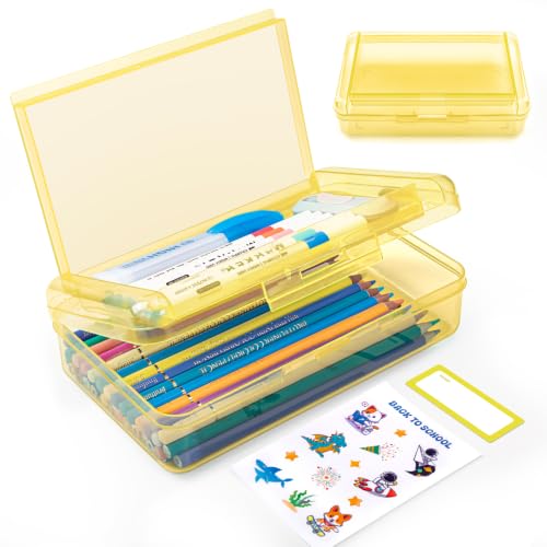 Double Layer Plastic Clear Hard Pencil Cases Box with Personalized sticker - color: Yellow-Stickers