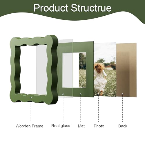 4x4 Picture Frame with Mat for 3x3, Wavy Edge Wooden Real Glass Photo Frame for Tabletop and Wall Hanging, Green, 1 Pack - color: Green, size: 4x4 in