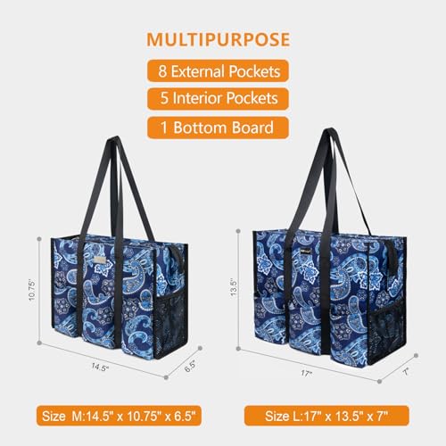 TOPDesign Utility Water Resistant Tote Bag with 13 Pockets, Zipper Closure - color: Blue Bandanna, size: Large