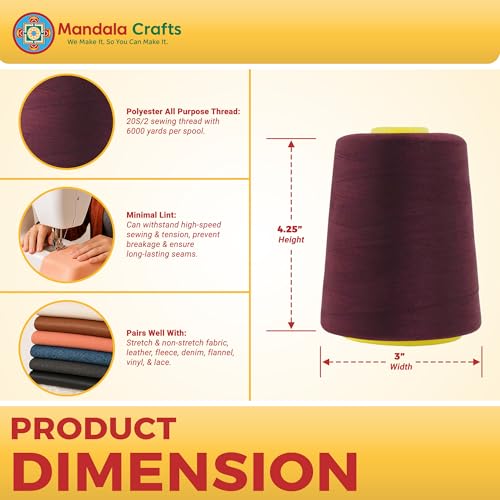 Mandala Crafts 20S/2 Burgundy Polyester 4 Pack of Serger Threads Cones - color: Burgundy, size: Pack of 4 20S/2 24000 YDs