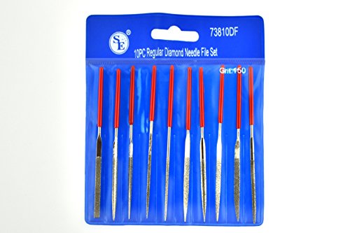 SE 73810DF 10-Piece Mini Diamond Needle File Set, 150 Grit - Assorted Shapes, 3-1/4" Length - Ideal for Jewelers, Wood, Stone, Glass, Gemstones