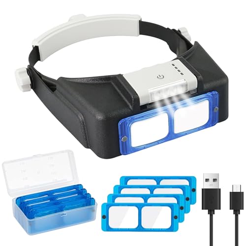 Headband Magnifier with Light，Rechargeable，Glasses for Close Work, 4 Lenses - color: 1.5x-3.5x - Optical Glass & Led Light