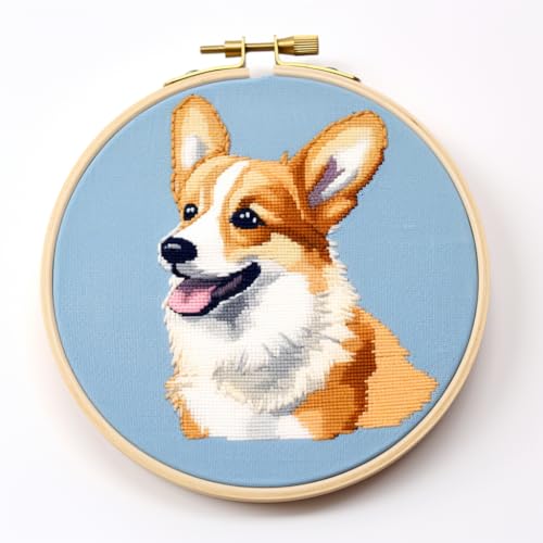 Cute Corgi Dog DIY Stamped Cross Stitch Kits Easy for Beginners and Children with Hoop 11CT Needlepoint Counted Embroidery Kits Art Craft Wall Decoration 12x12inch(2)