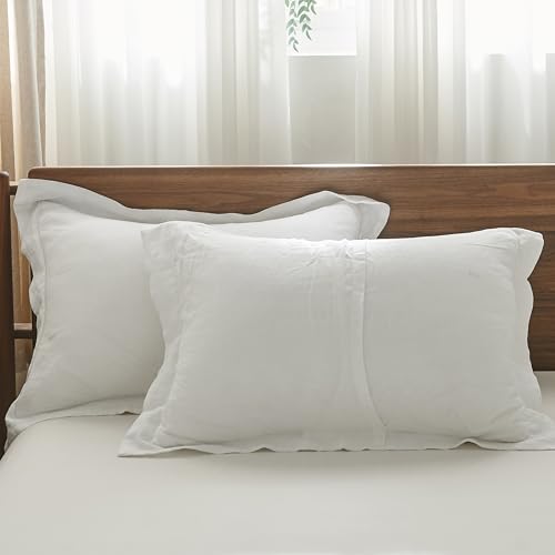 Simple&Opulence 100% French Linen Pillowcases with Embroidery – Pack of 2, Washed Solid Color Natural Flax, Soft & Breathable - White, 20'' x 26'' - color: White, size: Queen