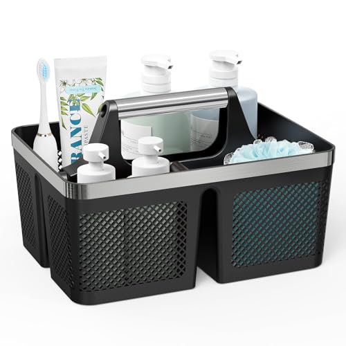 BYUNER Black Shower Caddy Portable: Plastic Bathroom Caddy Organizer with Handle and Holes, Cleaning Caddy, Hard Shower Basket Storage Tote for Toiletry, College Dorm Room Essentials for Men - color: Black/Silver
