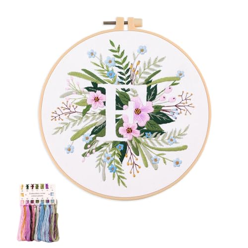 artcici Embroidery Kits Plant Flower Leaf English Letter Patterns for Beginners Adults, Full Range Embroidery Starter Kits Cross Stitch Needlework Supplies (Letter F) - color: Letter F