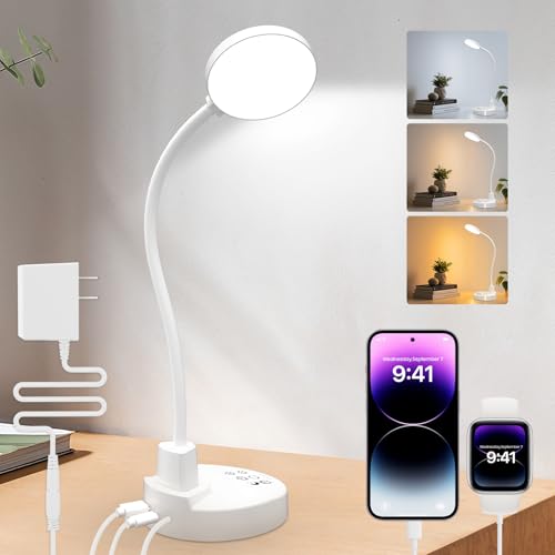 15W LED Desk Lamp with USB Charging Ports – Dimmable Table Lamp with 3 Color Temps, 5 Brightness, 4 Timers, Flexible Gooseneck Light with Base, Eye-Caring Reading Light for Home Office, Bedroom, Study - color: White, size: 3.5'' Lamp