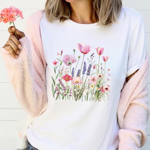 4 Sheets Dtf Transfers Ready to Press Flower Iron on Transfers Patches for T-Shirt Pink Vintage Botanical Heat Transfer Vinyl Appliques Tulip Lily Lavender Daisy Iron on Decals for Clothing DIY Craft - style: Pink Flower B