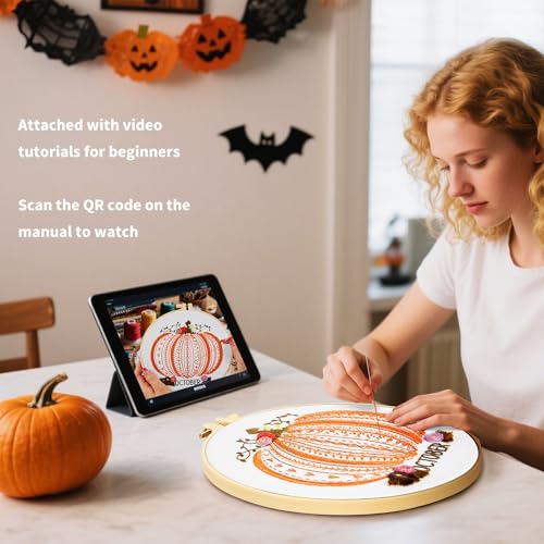 Easy Beginners Embroidery Stitches Practice Kits for Adults, Fall Pumpkin Embroidery Starters Kits for Beginners to Learn 26 Stitches, Autumn Hand Embroidery Set Craft for Women & Video Tutorial - color: H2032, size: 8Inch
