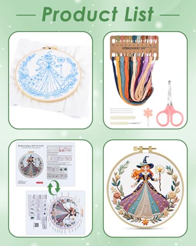 ERKOON Embroidery Kit for Beginners Adult, Cross Stitch Set Include Embroidery Cloth Hoops Threads for Craft Lover Hand Stitch with Embroidery Skill Techniques (White Witch) - color: White Witch