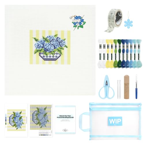 Kaitiaki 18 mesh Needlepoint Canvas Kit, 8 in Painted Canvas Set with Embroidery Floss, Needles, Guide Card, Instruction, Threader, Scissors & Project Bag for Crafter Gift(Hydrangea) - color: Hydrangea, size: 18 mesh