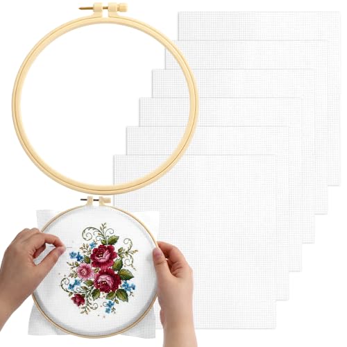 6 Pcs Cross Stitch Fabric with Embroidery Hoop Set