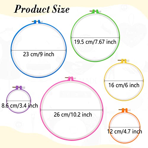 Pllieay 6 Pieces Plastic Embroidery Hoops Set and 16 Pieces Needles - style: Circle - 3.4", 4.7", 6", 7.67", 9", 10.2"