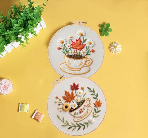 Konrisa Flower Cup Embroidery Kits for Adults,Creative Floral Embroidery Starter Kit DIY Sewing Practice with Hoop,Needlepoint Cross Stitch Kit, Set of 2 - color: flower cup