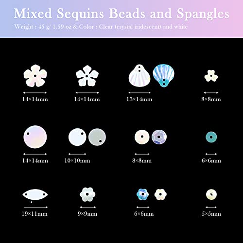 Mixed Clear White Sequins and Spangles Beads Craft Supplies, Crystal Iridescent Spangles and Pearl, Variety Sequins Beads for Crafts, Sewing, DIY Art, Embroidery