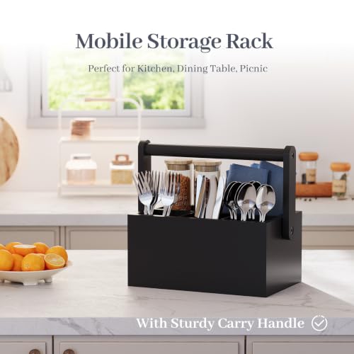 Silverware Caddy with Removable Dividers, Portable Utensil Holder for Party & Picnic, Bamboo Countertop Cutlery Organizer with Handle for Kitchen, RV & Outdoor Events (Black) - color: Black