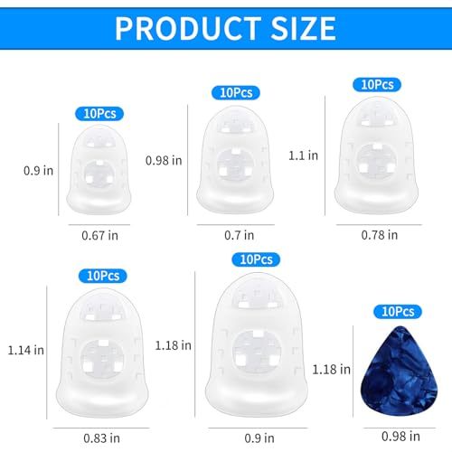 50 Pcs Guitar Silicone Finger Protector,Fingertip Protection Covers Caps in 5 Sizes for Beginner Playing Ukulele Electric Guitar and 10 Guitar Picks - color: White 50 pcs + 10 Guitar Picks