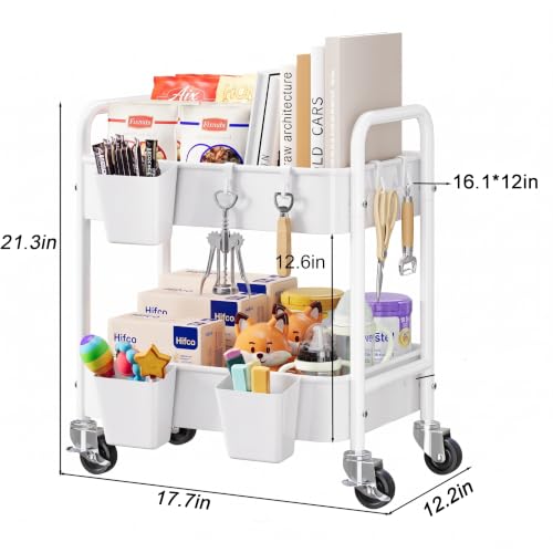 2 Tier Small Rolling Cart Metal with Wheels, White Under Desk Storage Carts - color: Light White, size: 2 Tier + Cups + Hooks