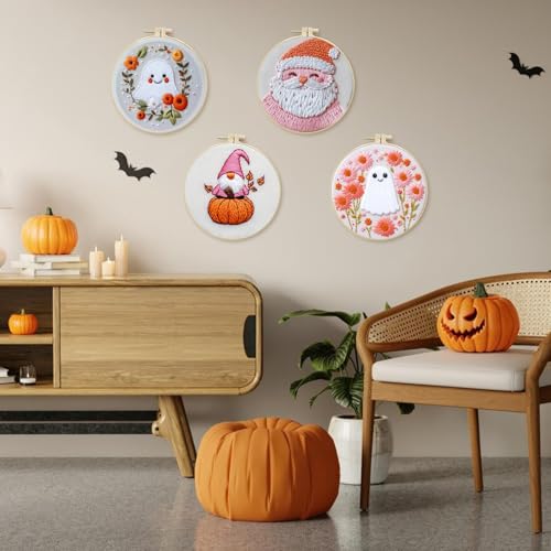 LB 4 Pack Halloween Embroidery Kit for Beginners, Halloween Ghost Christmas Santa Fall Gnome Pumpkin DIY Hand Embroidery Kit with Hoop, Threads, Holiday Craft Kit for Adults - color: Pink and White