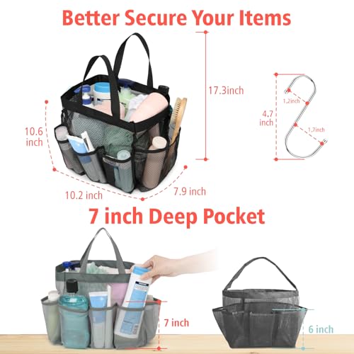 Mesh Shower Caddy Portable - 8 Pockets, S-Hook, Shower Bag for Dorm Camping - color: Grey, size: L (Classic Dorm Caddy)