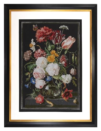 Thea Gouverneur - Counted Cross Stitch Kit - Still Life with Flowers in a Glass Vase - Aida Black - 18 Count - for Adults - DMC Embroidery Threads and Other Cross Stitch Supplies Included - 785.05 - color: 785.05 Aida Black