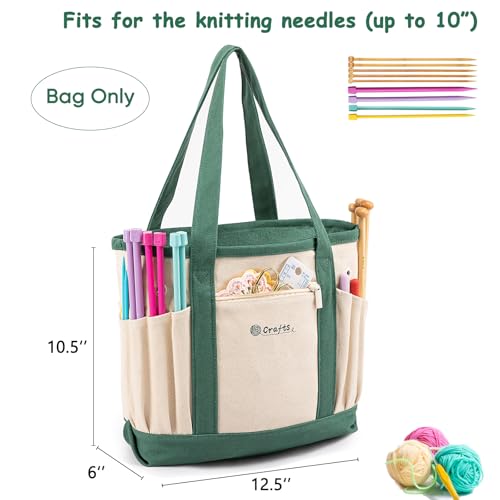 MYBAGZING Yarn Bags for Crocheting,Canvas Crochet & Knitting Tote Organizer - color: Nature-Green, size: Medium-12.5“