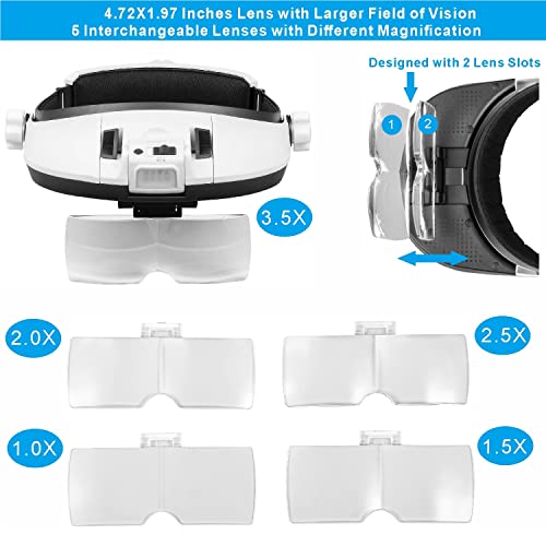 Large Lens Head Magnifier Headband Magnifying Glass with Light Hands free 8 LED Magnifier with White and Yellow Light for Close Work, Crafts, Hobby, Reading, Repairing, Sewing, Jewelry