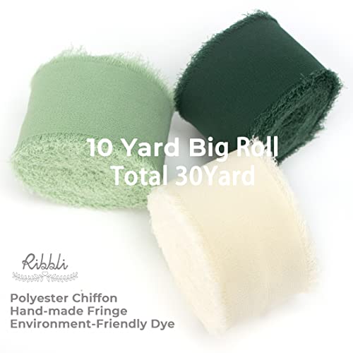 Ribbli Green Chiffon Ribbon1.5 inch x 30 Yard Handmade Silk Ribbon for Wrapping,Ivory Sage Forest Green Fringe Chiffon Ribbon for Wedding Invitations, Bridal Bouquets, Flower Arrangement Decoration - color: Ivory/Sage Green/Forest Green