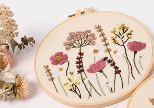 IUHUI Embroidery Kit for Beginners Adults - Thriving Flowers and Plants Easy Patterns, DIY Hand Stitching Embroidery Set with Hoop (Pink White Flowers) - color: Pink White Flowers