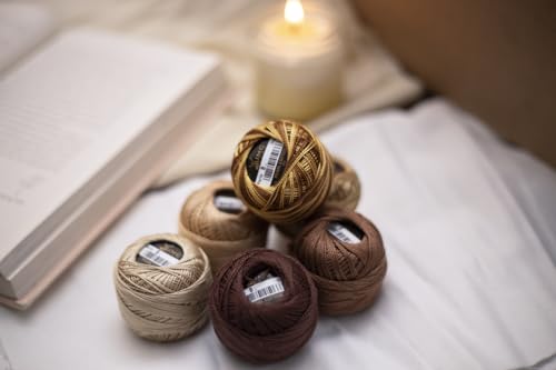 6 Balls Premium Pearl Cotton Embroidery Thread Size 8 | 100% Egyptian Cotton Crochet Yarn | Cross Stitch Embroidery Yarn | Oeko TEX Certified | 10 Grams per Ball (Brown Tones) - color: Brown Tones