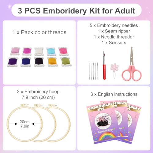 Huacan Embroidery Kit for Adults Beginners with 3 Hoops & Gift Box - color: Cherry Blossom Animals