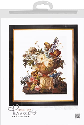 Thea Gouverneur - Counted Cross Stitch Kit - Flower Still-Life with an Alabaster Vase - Aida - 18 Count - for Adults - DMC Embroidery Threads and Other Cross Stitch Supplies Included - 580A - color: 580A Aida