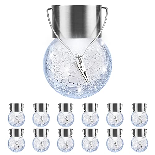 12 Pack Hanging Solar Lights Outdoor, Waterproof Solar Globe Lantern with Handle and Clip, Decorative Cracked Glass Ball Lights for Christmas Decor, Tree, Yard, Garden, Patio (Cold White) - color: Cold White, size: 12