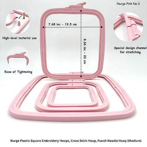 Nurge Square Embroidery Hoop - Plastic Cross Stitch Frame for Needlepoint & Embroidery - Adjustable Craft Hoop - Pink - No:3 (Medium) - color: Pink, size: No:3 (Medium)