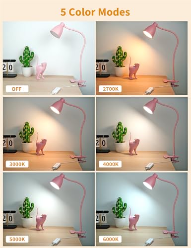 BOHON Cute Desk Lamp with Clamp Clip on Light, 5 Color 10 Brightness, Pink - color: Pink