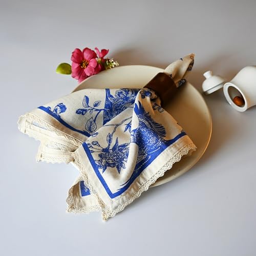FINGERCRAFT Lace Cloth Napkins, Cotton Linen, 12 Pack, 20x20 Inch, Toile - color: Toile, size: 20" x 20" (Set of 12)