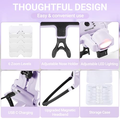 YOCTOSUN Magnifying Glass with Light, 1.0X–4.0X Headband Magnifier - color: Purple